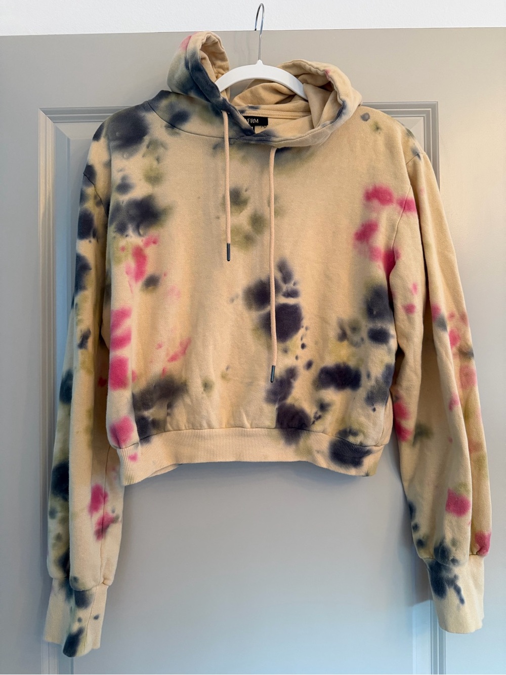 AFRM Beige Cropped Tie-Dye Hoodie with Pink & Black Accents